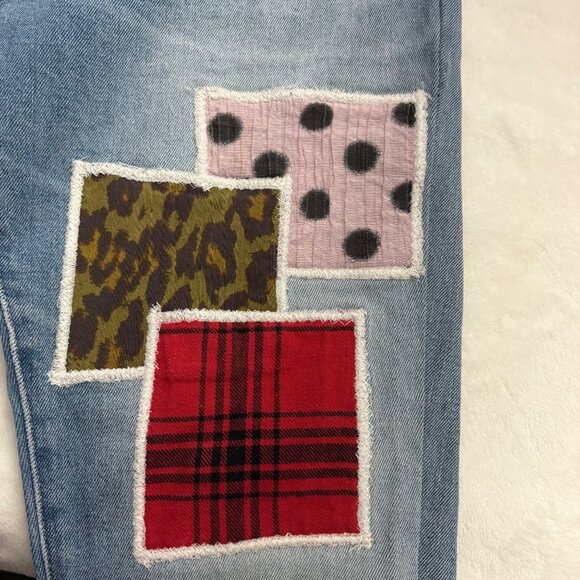 Mens Povrich Patchwork Distressed Skinny Jeans W/Plaid & Leopard Details Size 32 - Picture 5 of 11